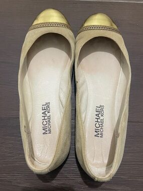MICHAEL Michael Kors Beige Suede Flats with Gold Cap Toe